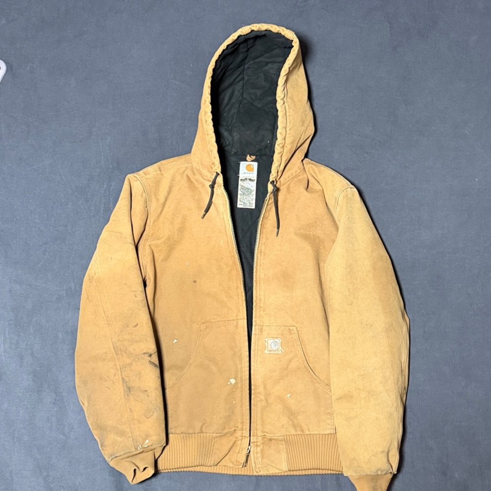 Carharrt Duck Work Jacket - distressed brown zip up hoodie, early 2000s Y2K - M